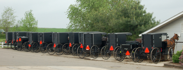 Buggies at a hitching rail in Mt. Hope, Ohio