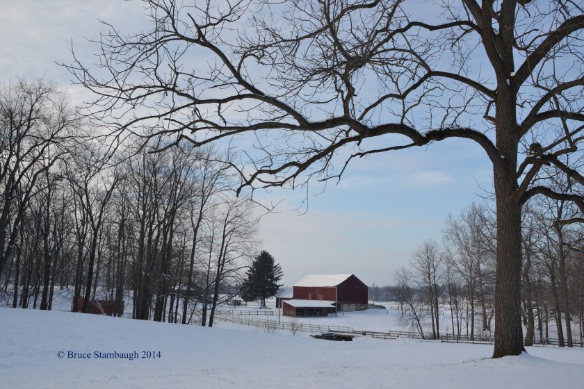 snow scene, barn in snow