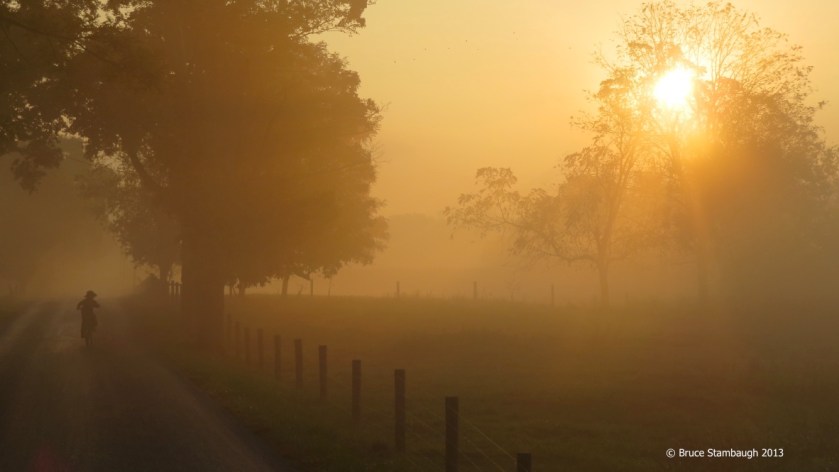 Amish boy on bike, foggy morning